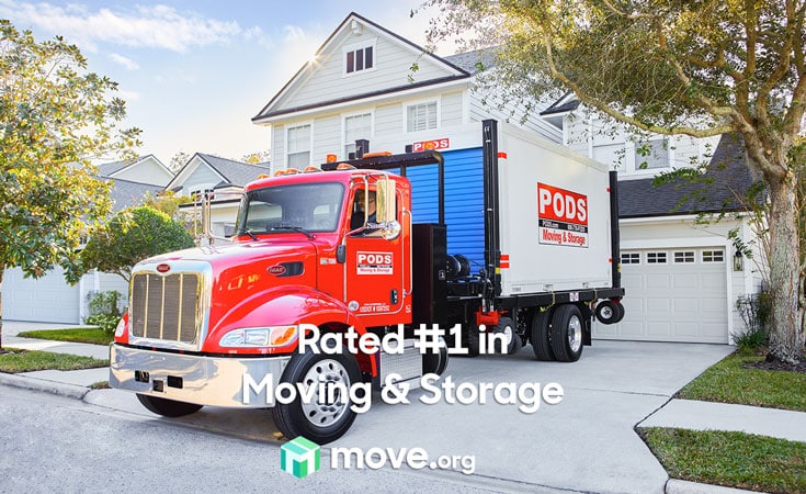 A PODS truck delivering a PODS moving and storage container to a customer's driveway. The words "Rated #1 in Moving & Storage" and "move.org" are overlaid across the image.