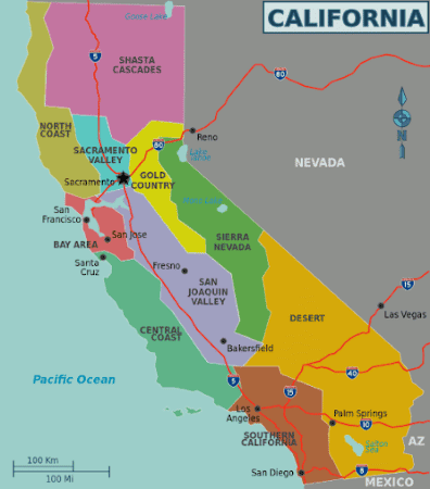 A map of California, colored by region. The regions are and colors are: Desert, orange; Southern California, Brown; Sierra Nevada, green; San Joaquin Valley, lavender; Central Coast, teal; Bay Area, red; Sacramento Valley, blue; North Coast, gold; Shasta Cascades, pink
