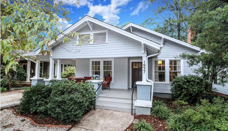 A cute bungalow with a large, covered porch in Charlotte’s Elizabeth neighborhood. The house is painted two different shades of gray with white accents.