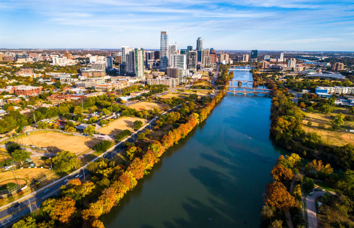The Austin, Texas, skyline seen from across the river in the fall.