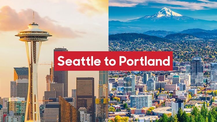 A split image showing the Space Needle and other tall buildings in Seattle, Washington, on the left, and a cityscape of Portland, Oregon, on the right with the mountain in the background. The overlaid text reads, “Seattle to Portland.”