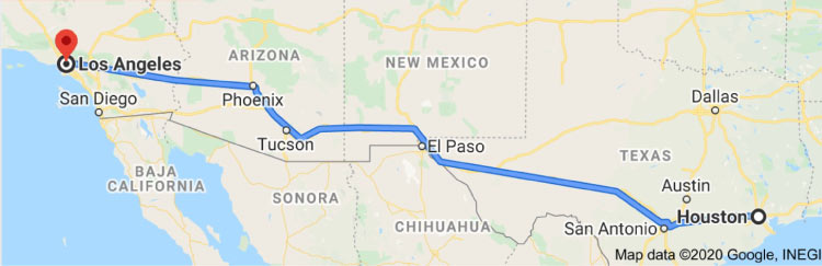  A screenshot of a Google map showing the route from Houston, Texas, to Los Angeles, California.