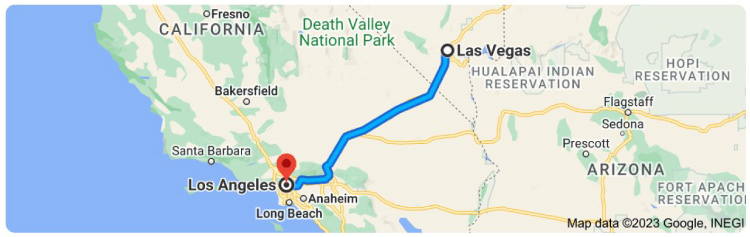 A screenshot of a Google map showing the route from Las Vegas to Los Angeles, California.