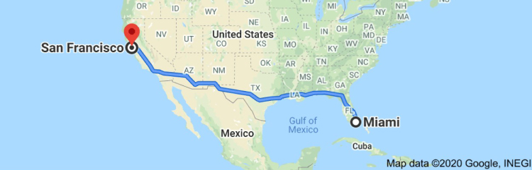 A screenshot of a Google map showing the route from Miami, Florida, to San Francisco, California.