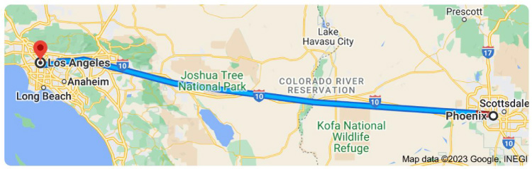 A screenshot of Google maps showing the route from Phoenix, Arizona, to Los Angeles, California.