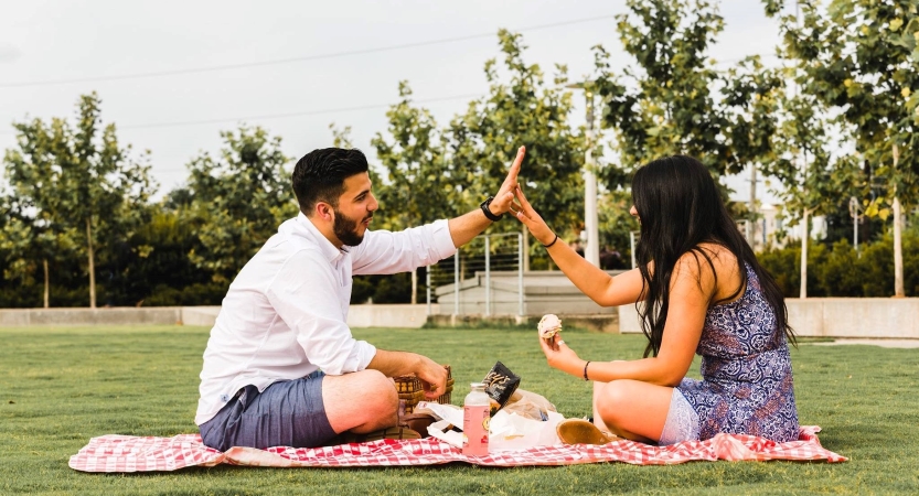 A couple high-fives while sharing a picnic and enjoying the weather in Houston, Texas. They’re sitting on a red and white checkered blanket in a lovely city green space. 