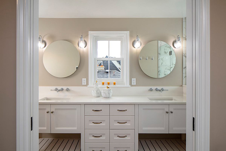Primary bath addition with double vanity/sinks and dual mirrors/light fixtures