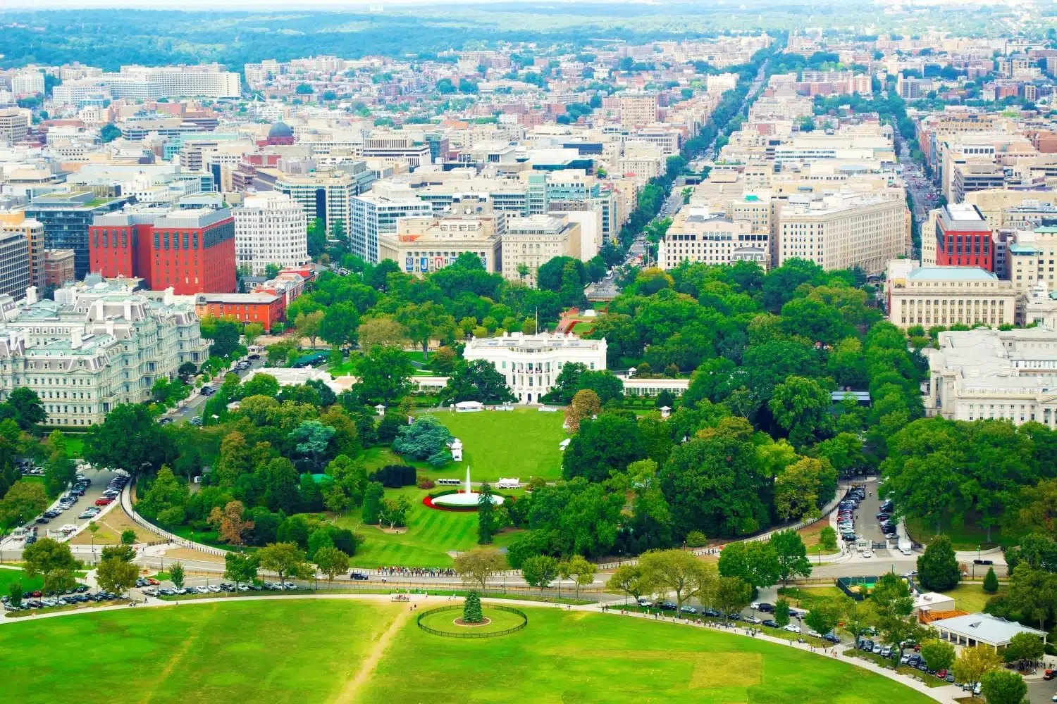 Aerial view of the White House and the surrounding neighborhoods in Washington, D.C.