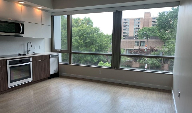 The interior view of a sleek, modern apartment in Washington, D.C. The apartment features large windows with a third-story view, wooden cabinetry, stainless steel appliances, and hardwood floors.