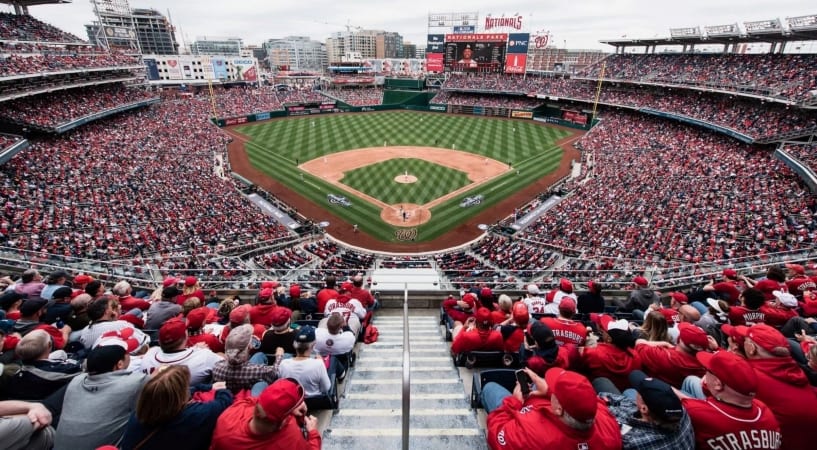 Nationals Park is crowded with fans donning team colors during a home game in Washington, D.C.