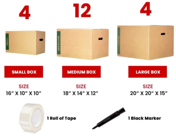 An image showing a handy packing kit for a last-minute move. The kit consists of four small moving boxes, 12 medium boxes, four large boxes, a roll of clear packing tape, and a permanent marker.