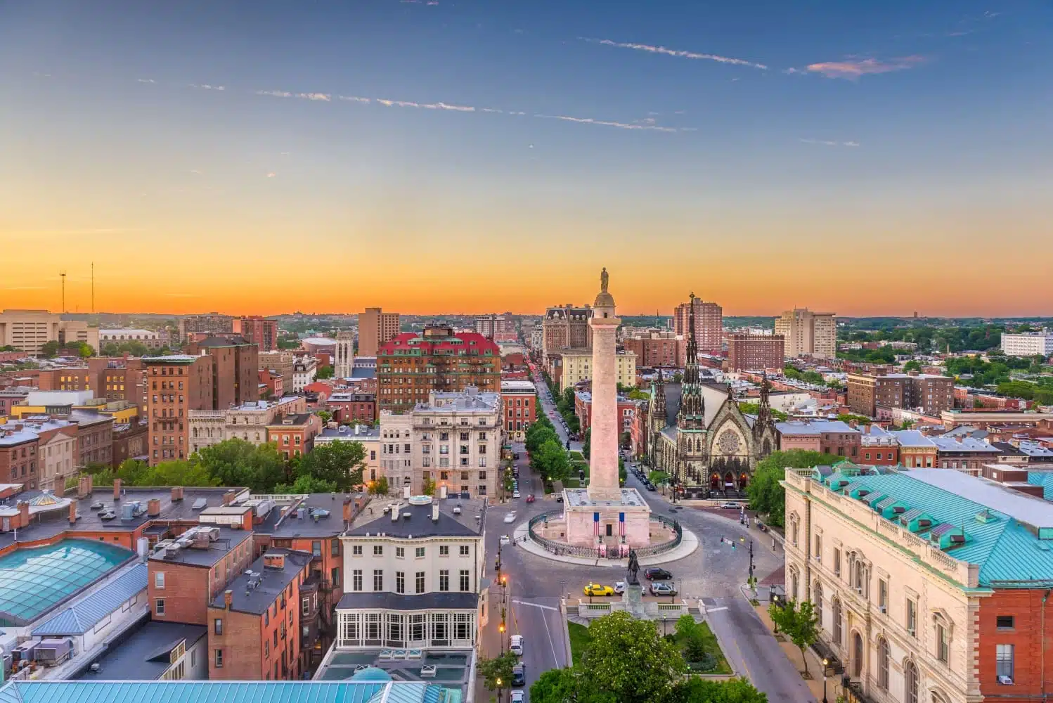 Aerial view of Baltimore, Maryland, during sunrise.