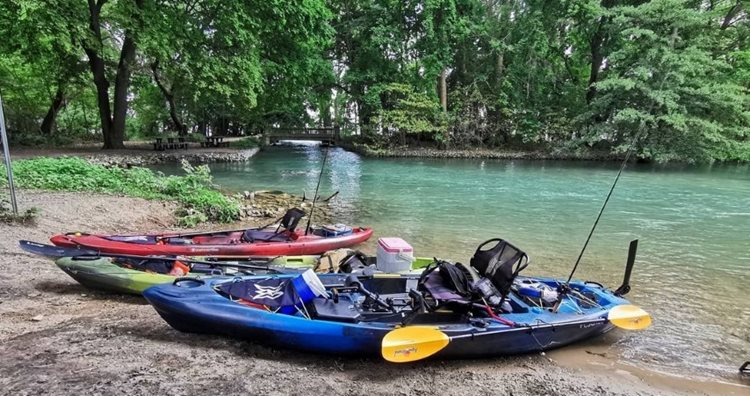 Three ride-atop Kayaks are left beached on Peche Island near Detroit. The people who rode them in appear to have gone off to explore.