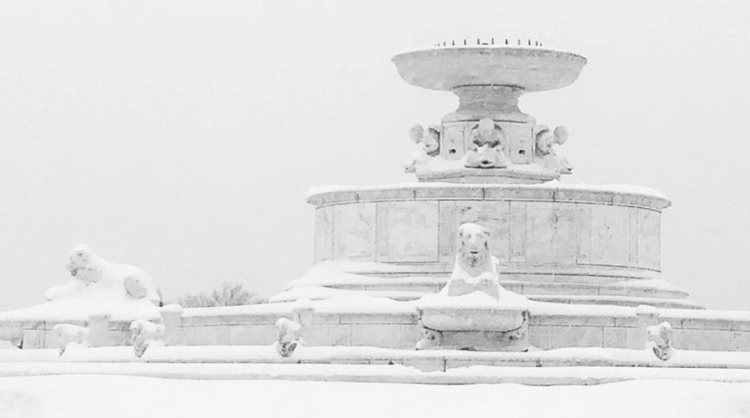 The James Scott Memorial Fountain in Belle Isle Park, covered in snow during a Detroit snow storm. 