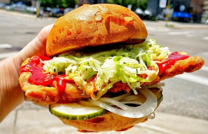 A close-up view of a fried hot chicken sandwich from Zen Box Izakaya in Minneapolis. 