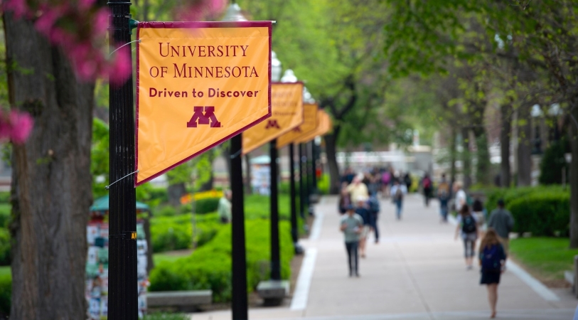 University-branded flags hang on light posts along a tree-lined path at the University of Minnesota Twin Cities campus.