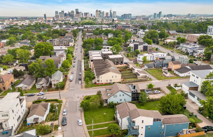 Aerial view of a portion of the Salemtown neighborhood in Nashville, Tennessee, with downtown Nashville in the distance.