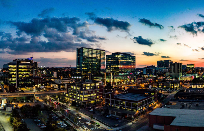 Twilight view of The Gulch in Nashville, Tennessee. 