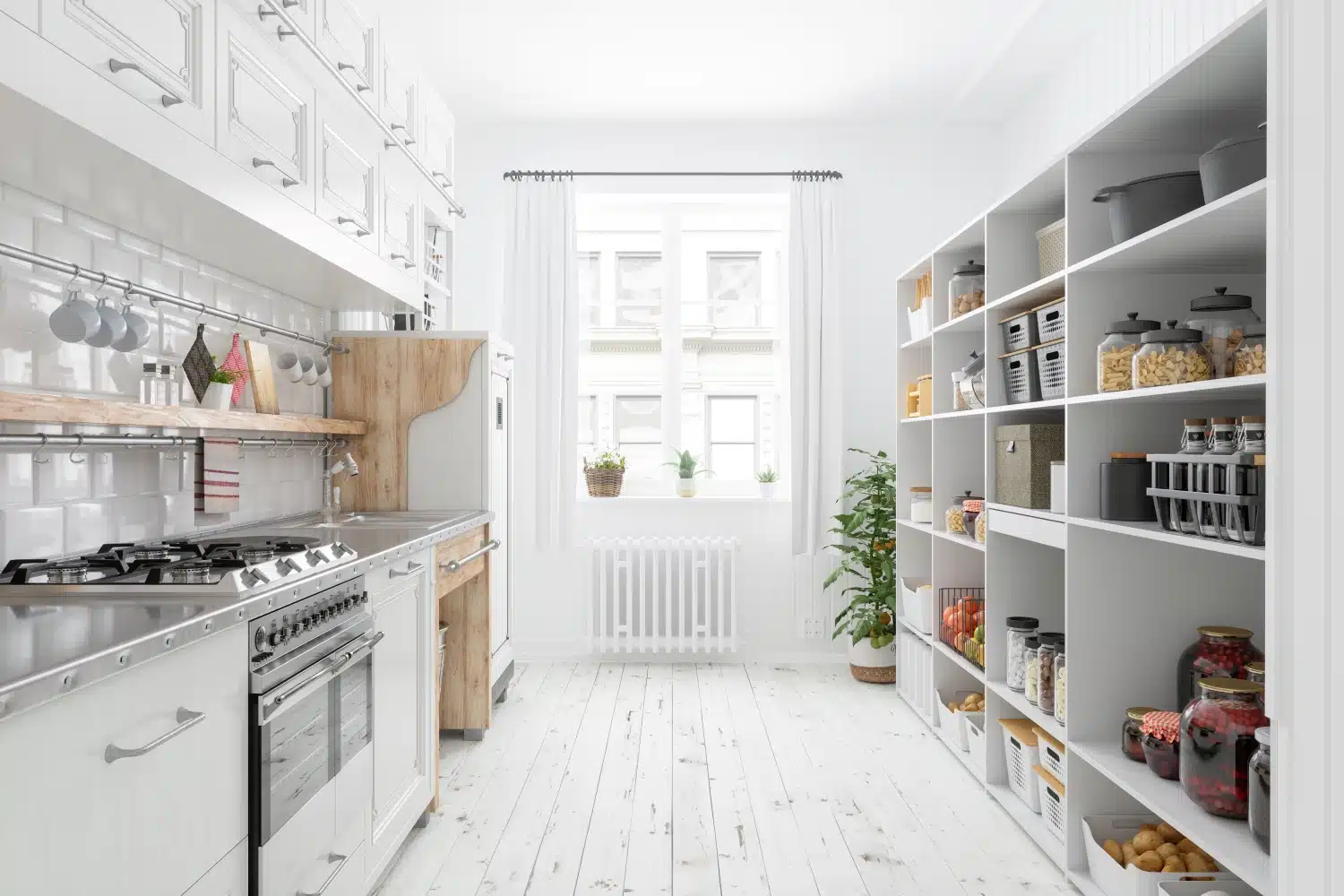 The interior of a neatly organized kitchen with a white color scheme. The kitchen features sleek storage above the kitchen counter and stove, and an open cupboard on the other side of the kitchen.