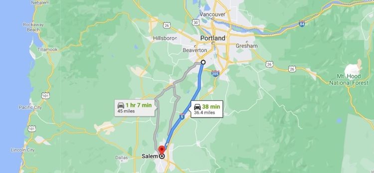 Google map of the driving route from Beaverton to Salem, Oregon.