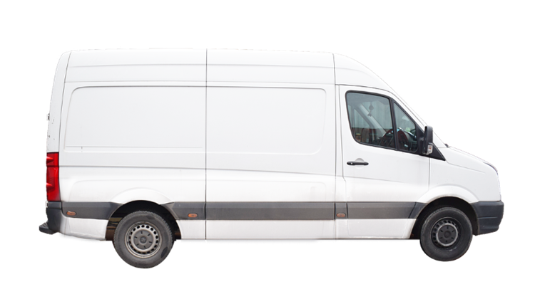 A white cargo van seen from the side. This size is good for smaller local moves.