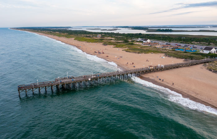 Aerial view of Virginia Beach, featuring the Little Island Fishing Pier.