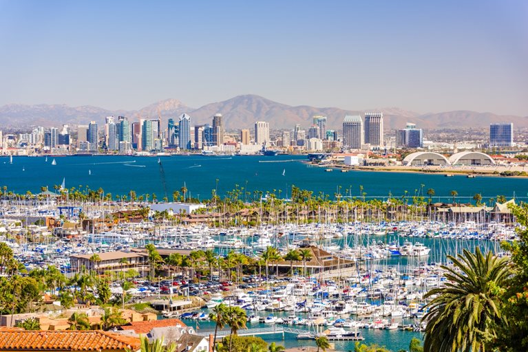 Distant view of the San Diego skyline over an extensive marina.