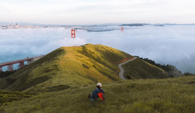 A person is sitting on a grassy hill above a heavy fog that has encased the Golden Gate Bridge and the city of San Francisco.