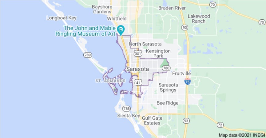 A map of Sarasota, Florida, showing the boundaries of the city, as well as the surrounding communities and freeways.