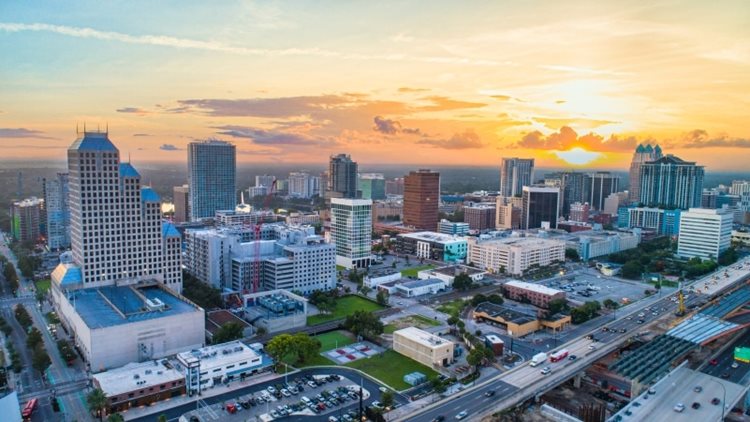 Aerial view of a sunset in one of the best places to live in Florida — Orlando.