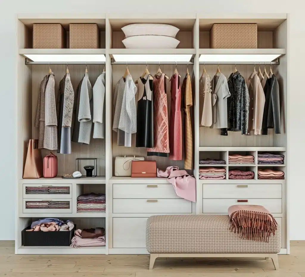 A well-organized closet with blazers, dresses, and coats hanging. Knitted wear and linens are folded nicely in cubbies, and storage baskets hold smaller pieces. 