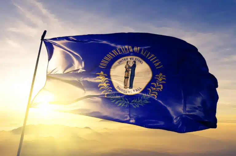 The Kentucky state flag is blowing in the wind at the top of a narrow flag pole. The sun sets behind the blue flag, which features a white center circle with two figures and the phrase, “United we stand; divided we fall.”