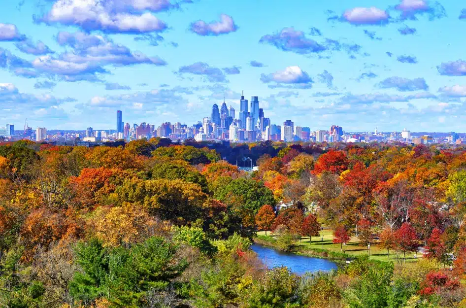 The Philadelphia PA skyline seen from the distance