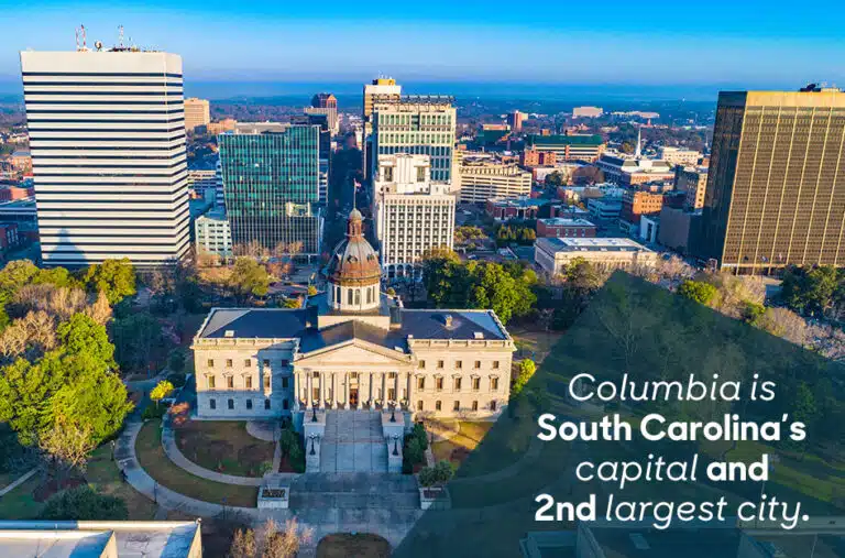 Aerial view of downtown Columbia, South, Carolina, on a sunny afternoon. The overlaid text reads, “Columbia is South Carolina’s capital and 2nd largest city.”