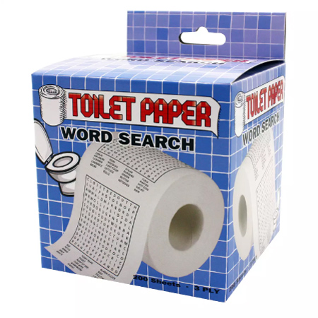 A box with an image of toilet paper with word search games printed on it