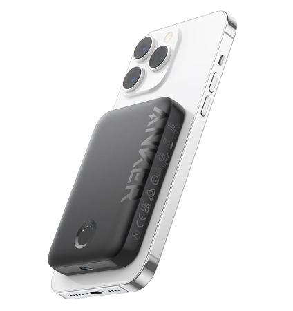  Image of a smart phone with a MagSafe portable charger stuck to its back