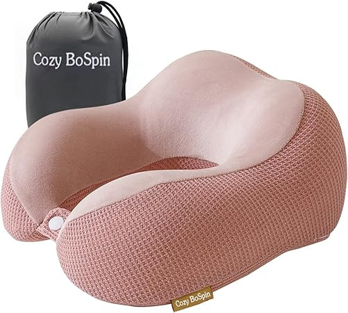Image of a soft pink travel pillow and travel bag