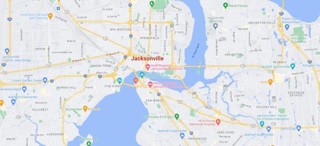 A map of Jacksonville, Florida, showing freeways, waterways, and different locations throughout the city.