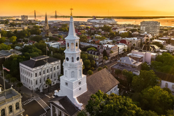 Aerial view of Charleston, SC during a particularly vivid sunset