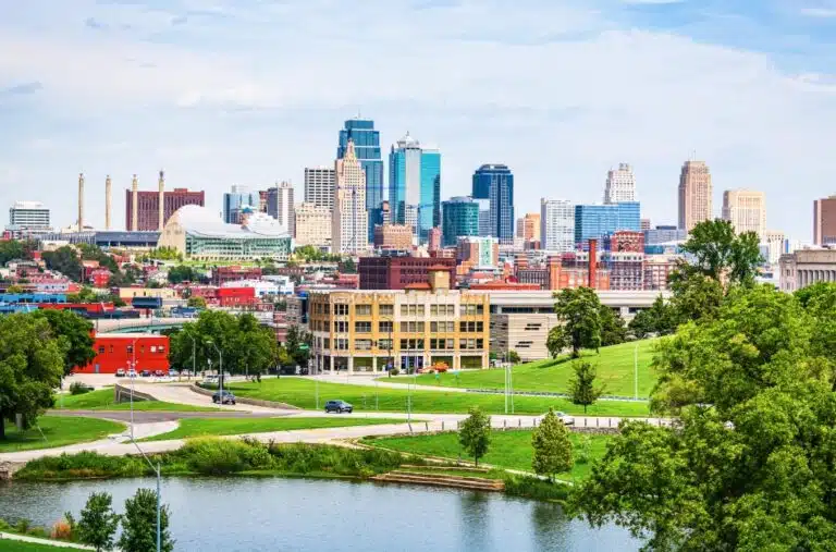 Distant view of downtown Kansas City, MO, on a sunny day.