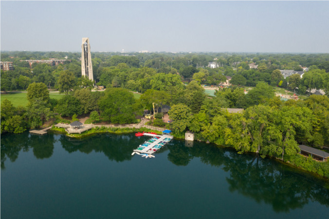 Aerial view of Quarry Lake in Naperville, Illinois, a suburb of Chicago.