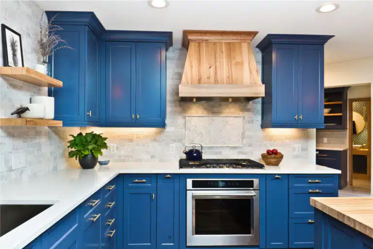 newly remodeled kitchen blue cabinets