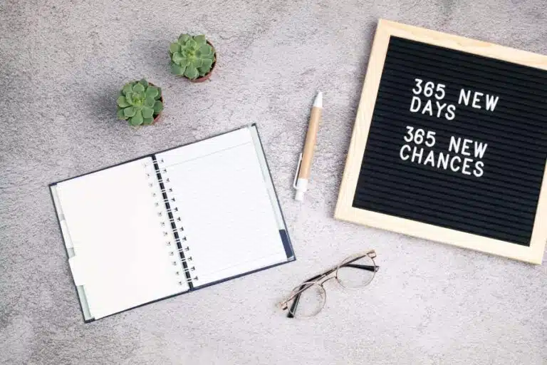 planner, pen, and New Year's sign