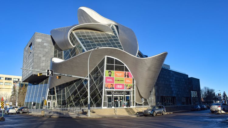 The unique and eclectic exterior of the Art Gallery of Alberta in Downtown Edmonton.