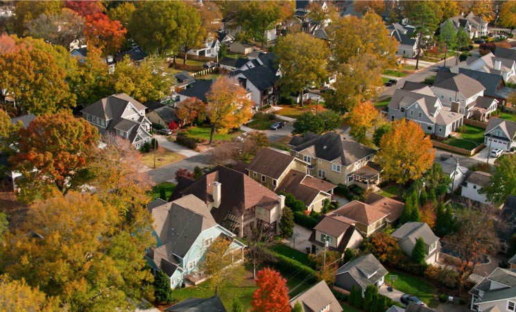 Trees are changing colors as summer turns to fall in the Dilworth neighborhood of Charlotte, NC. The homes are mostly large two-story houses with big green lawns.