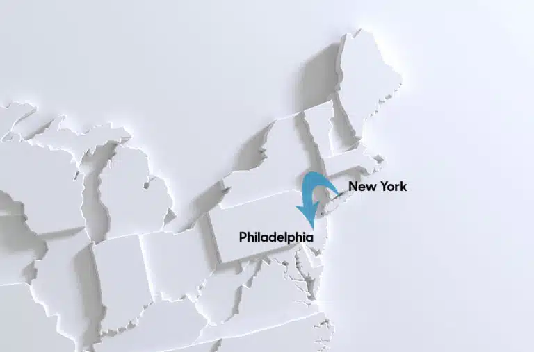 Split image of Philadelphia and NYC
