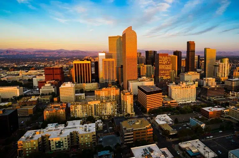 downtown Denver glowing in the sunrise