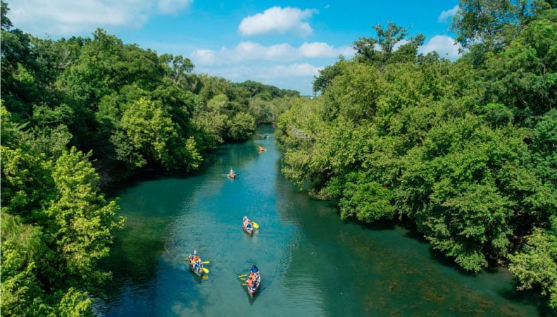 Half a dozen locals paddle canoes down Austin's Barton Creek on a beautiful spring day. The edges of the creek are lush with mature trees. 