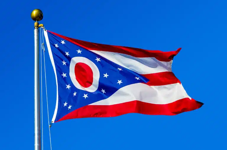 The Ohio state flag blowing in the wind at the top of a flag pole with a clear blue sky in the background.