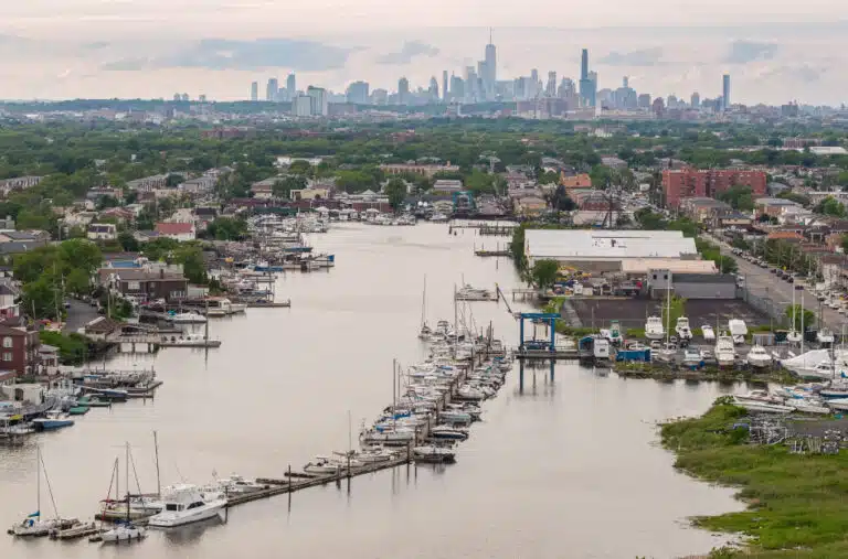 Distant view of Manhattan from a marina on Long Island